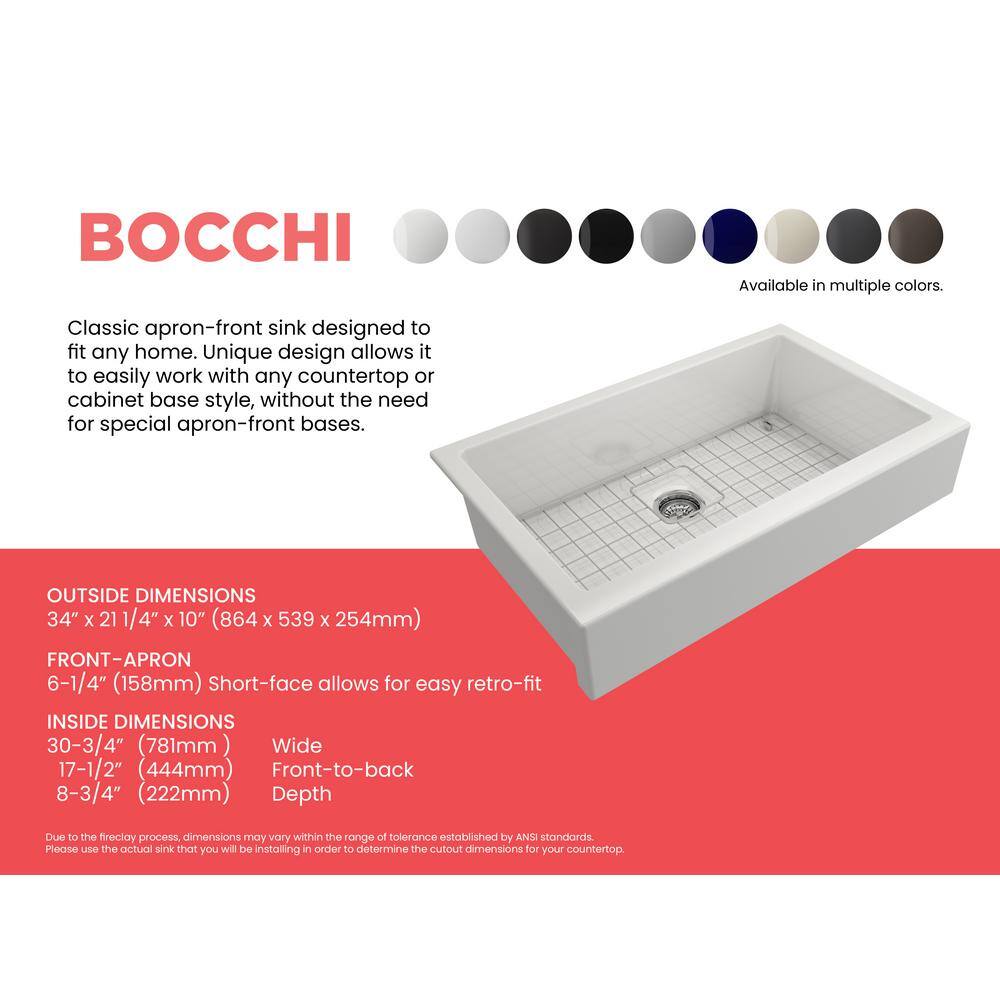 BOCCHI Nuova Pro 34 in. Short Apron Drop-InUndermount Single Bowl White Fireclay Kitchen Sink with Grid in. Strainer 1551-001-0120