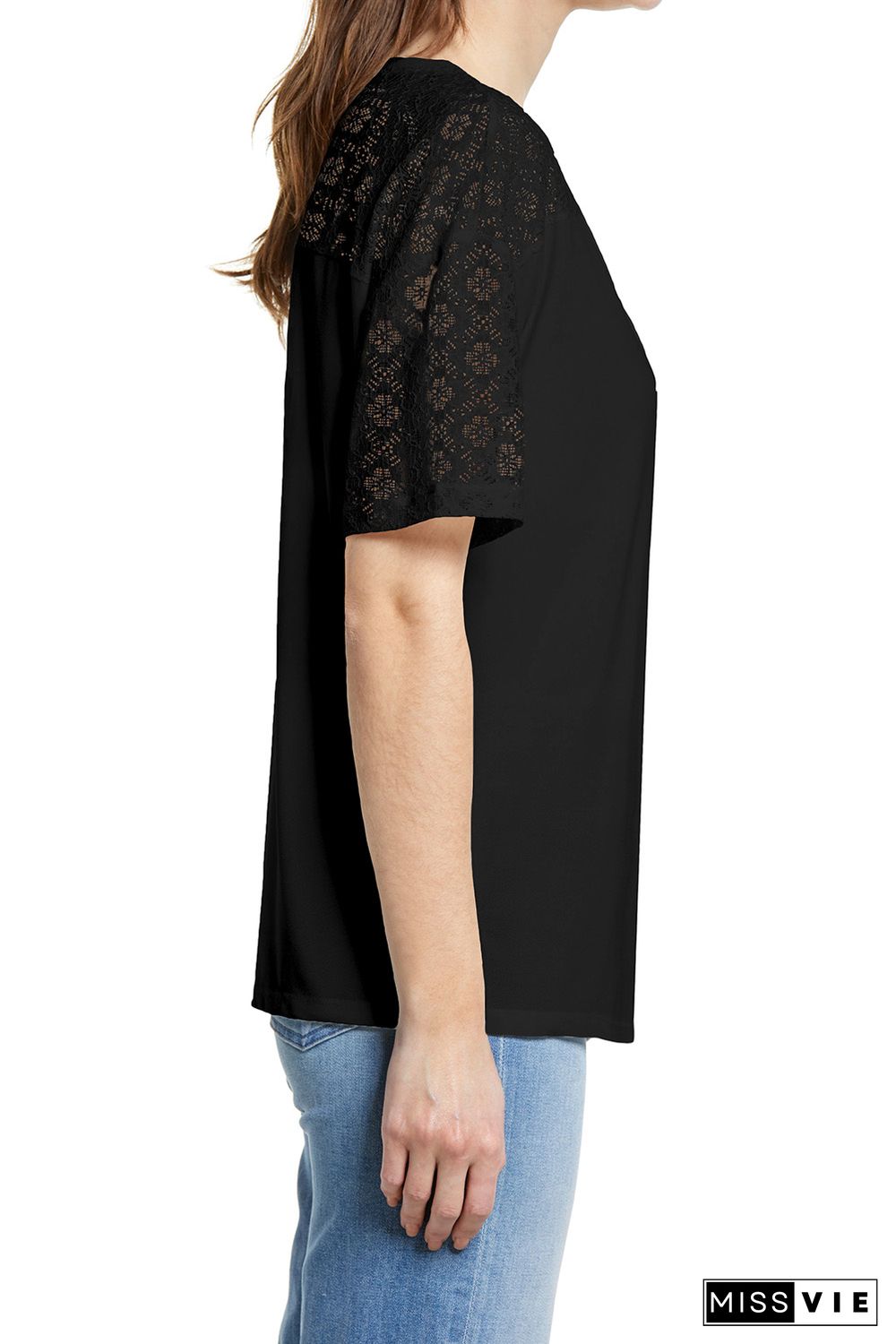 Black Plain Lace Stitching Short Sleeve Tee