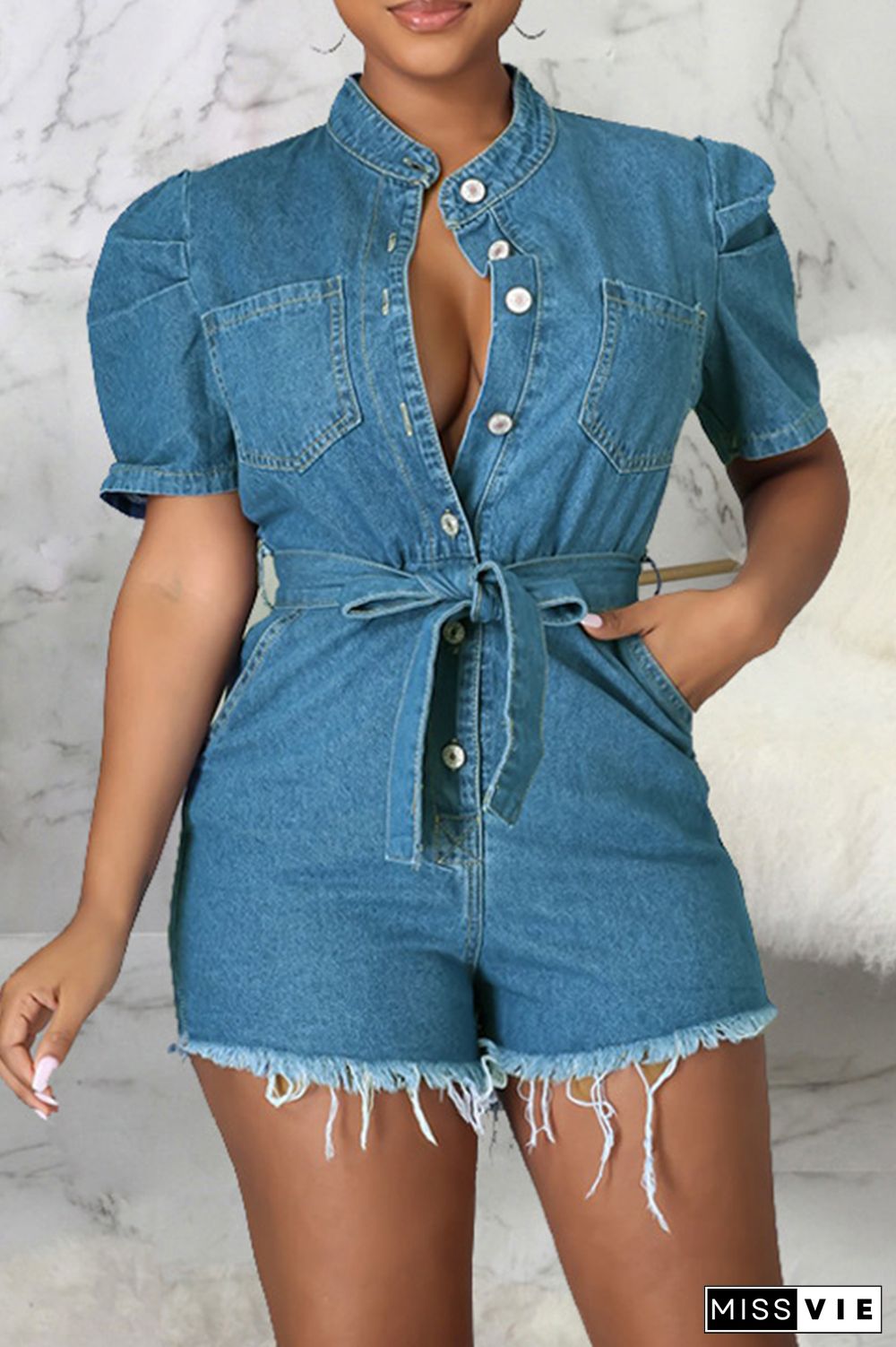 Blue Casual Solid Bandage Turndown Collar Straight Rompers