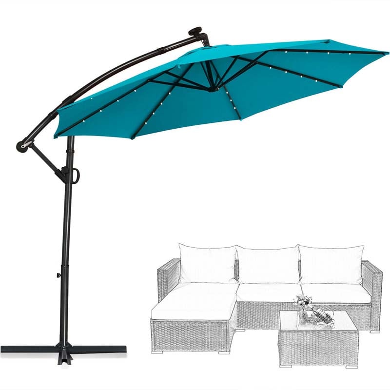 10 FT Patio Offset Umbrella with Solar Lights 360° Rotation Outdoor Market Umbrella with Crank Handle & Cross Base