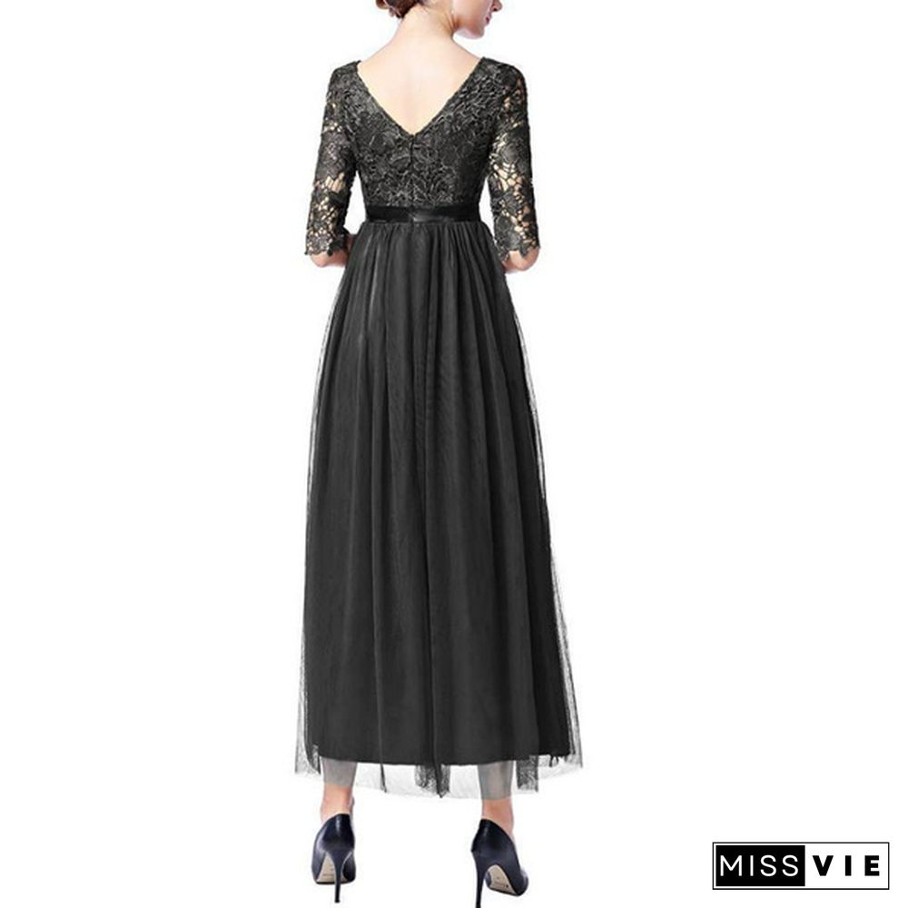 Women's Vintage Floral Lace 3/4 Sleeves Floor Length Retro Evening Cocktail Formal Bridesmaid Gown Long Maxi Dress