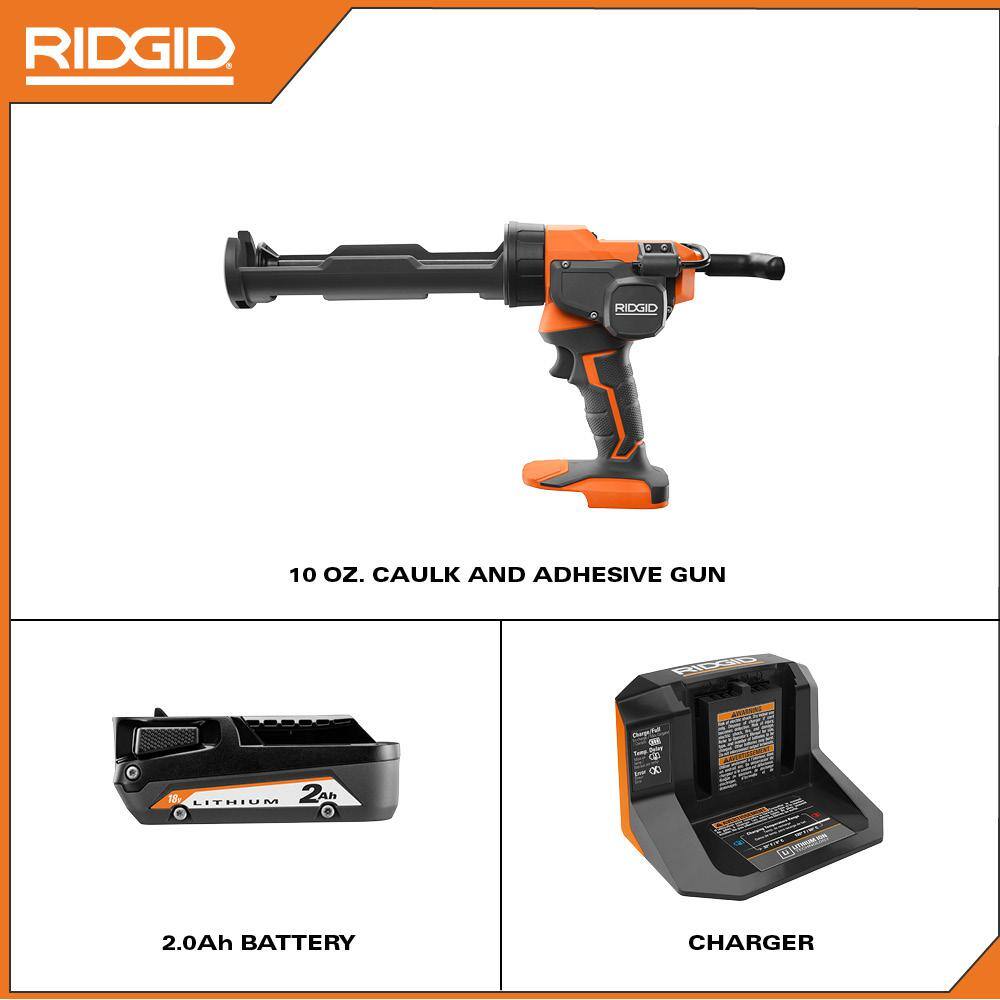 RIDGID 18V Cordless 10 oz. Caulk Gun and Adhesive Gun Kit with 18V Lithium-Ion 2.0 Ah Battery and Charger R84044B-AC9302