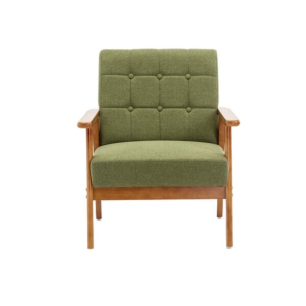 Green Leisure Chair with Solid Wood Armrest ， Linen Accent chair