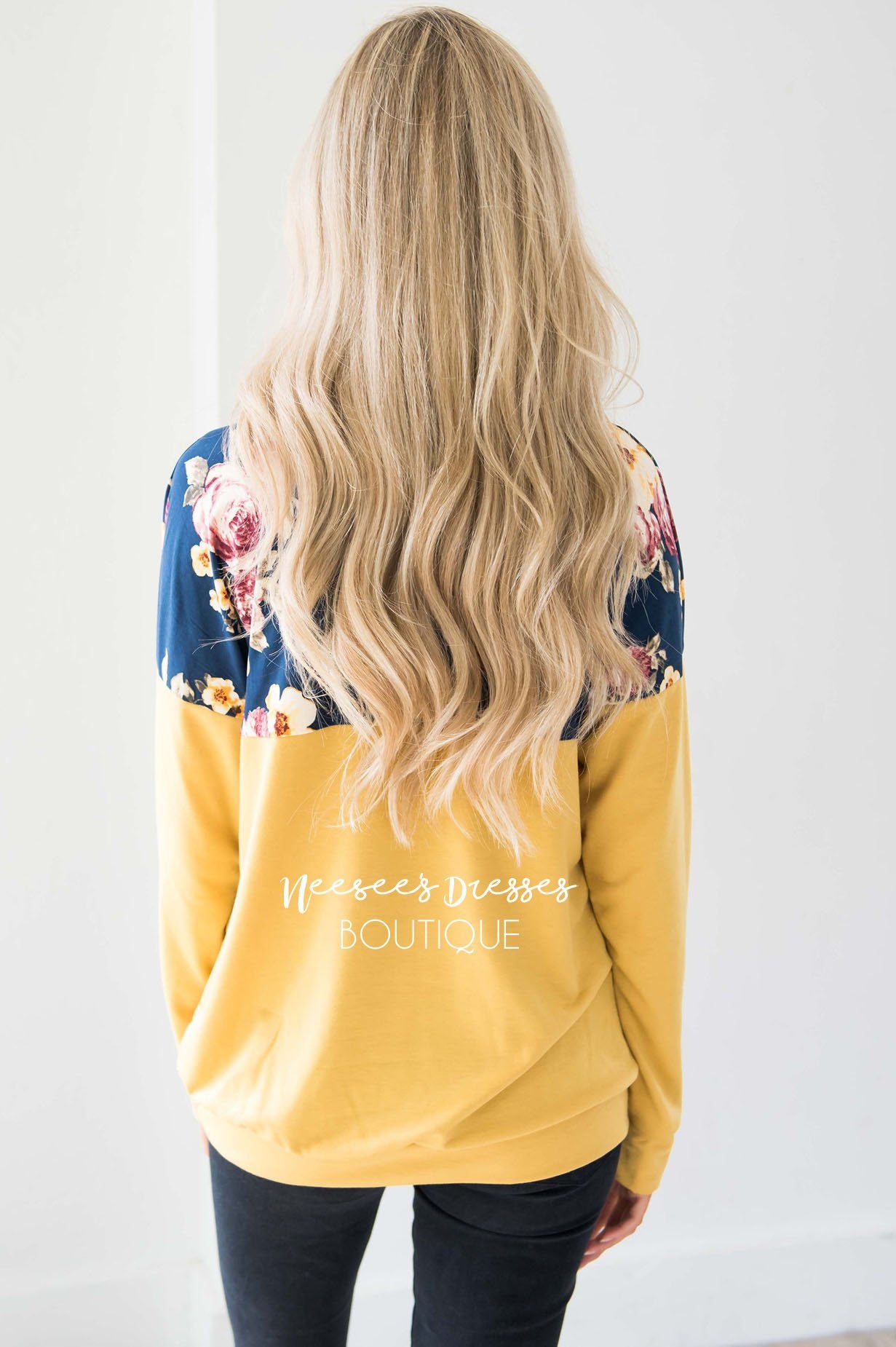 Floral Top Mustard Cowl Neck Sweater