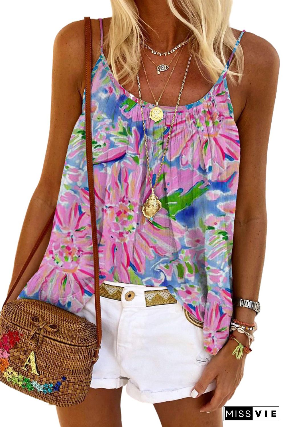 Pink Abstract Floral Print Loose Fit Spaghetti Strap Tank Top