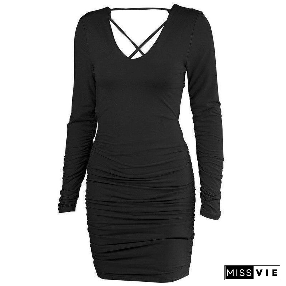 Autumn Woman Clothes Sexy Party Mini Black Dress Long Sleeve Solid Color Bandage Dresses For Women Fall Women's Clothing