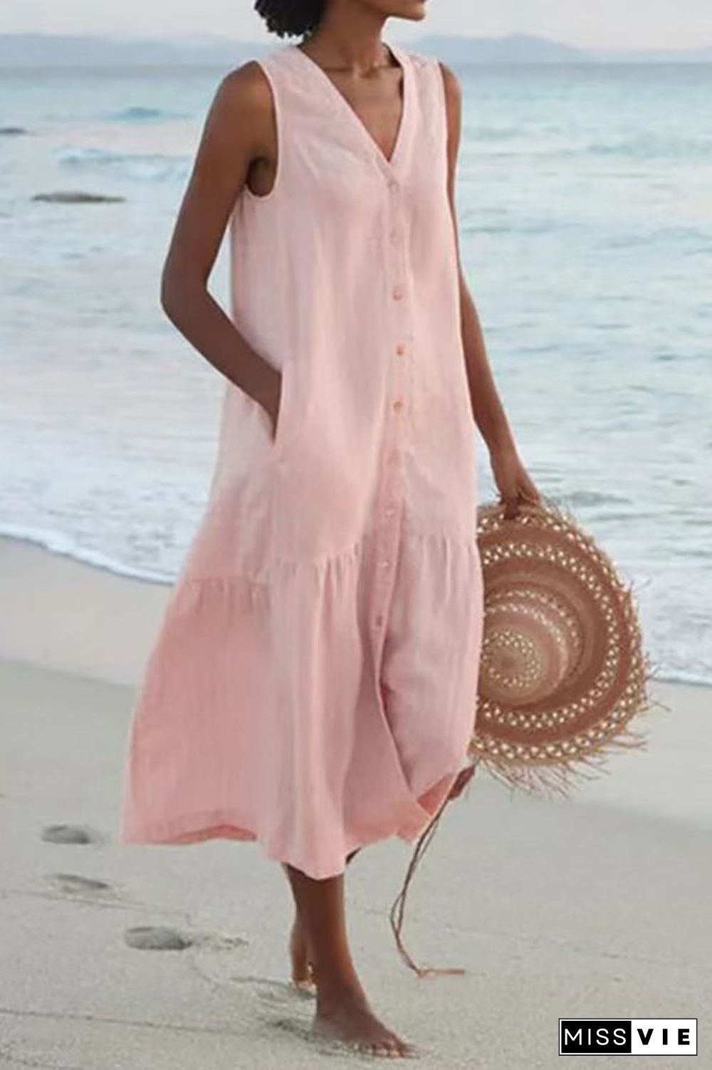 V Neck Button Sleeveless Maxi Dress