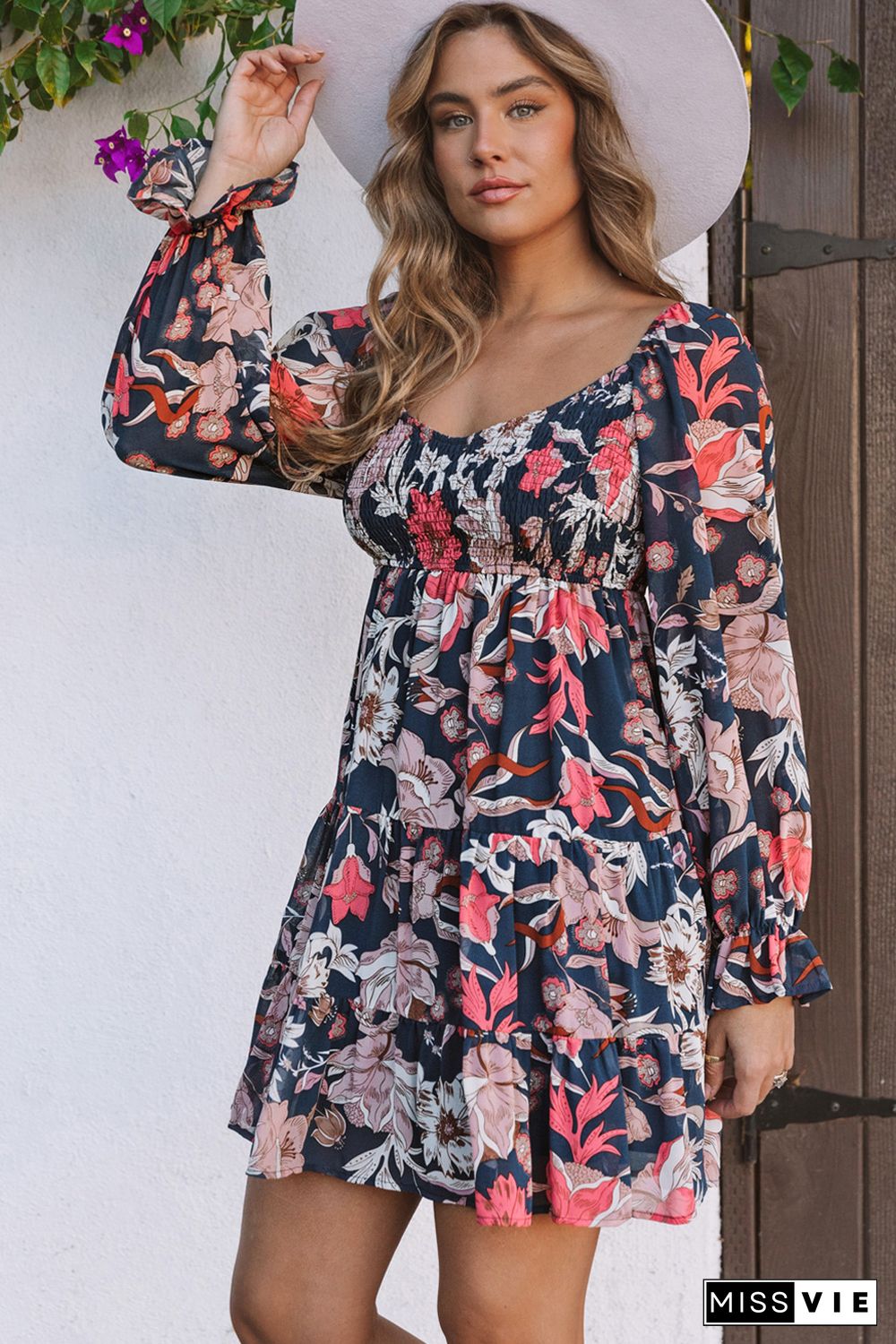 Blue Floral Tiered Long Puff Sleeve Mini Dress