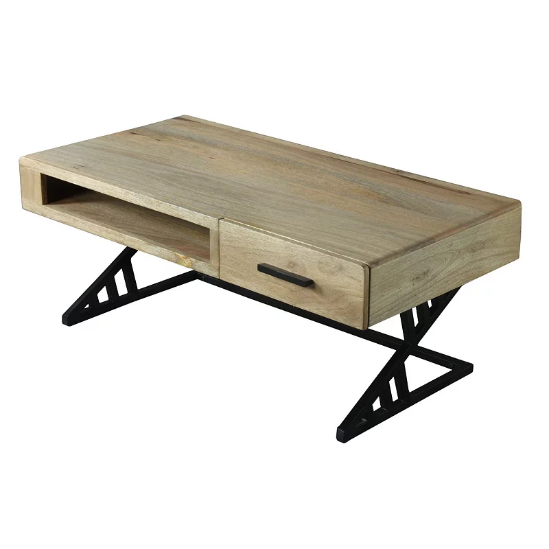 40 Inch Handcrafted Industrial Mango Wood Coffee Table， 1 Drawer， Metal Frame， Light Brown and Black