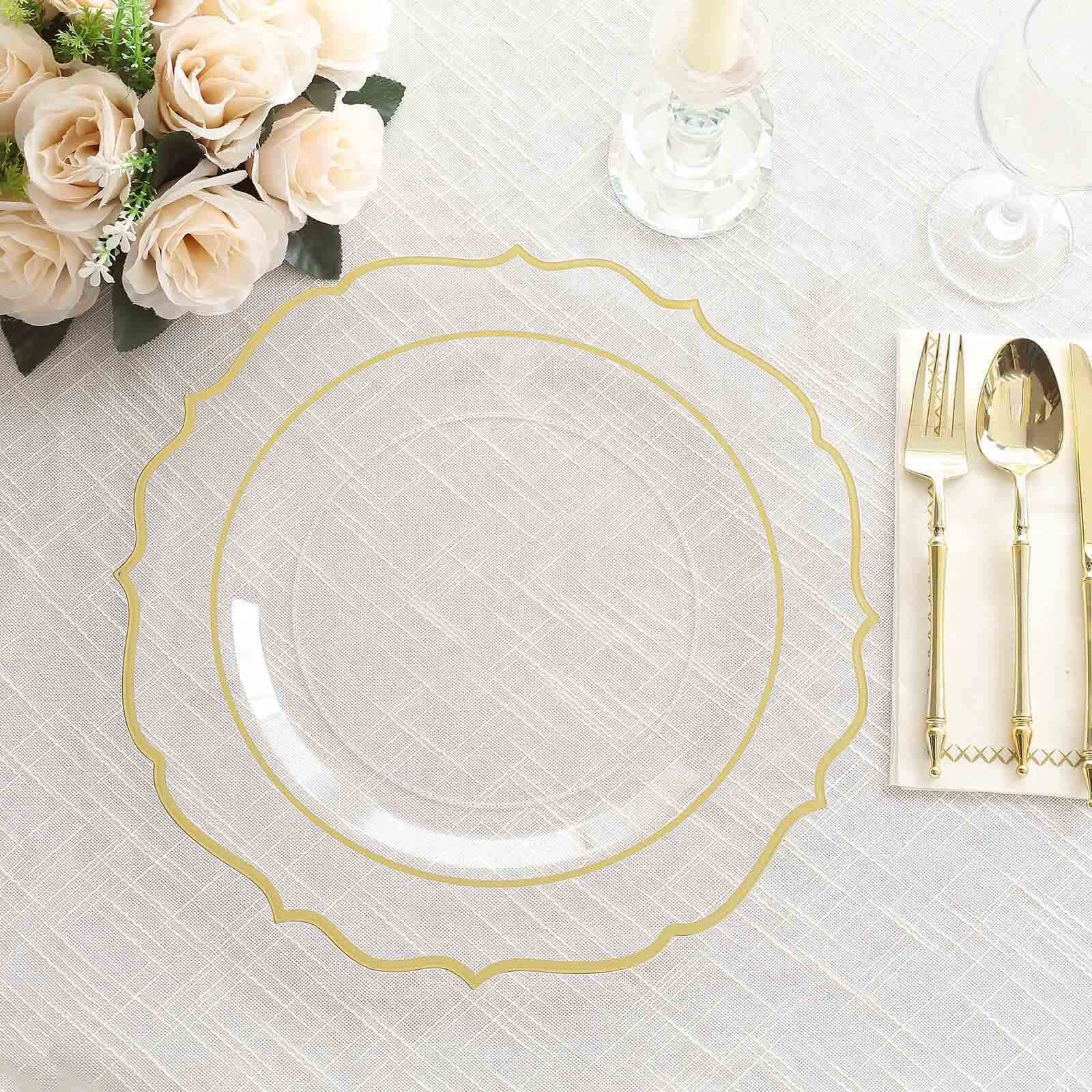 10 Pack Clear Economy Plastic Charger Plates With Gold Scalloped Rim, Round Decorative Dinner Chargers Event Tabletop Decor - 13