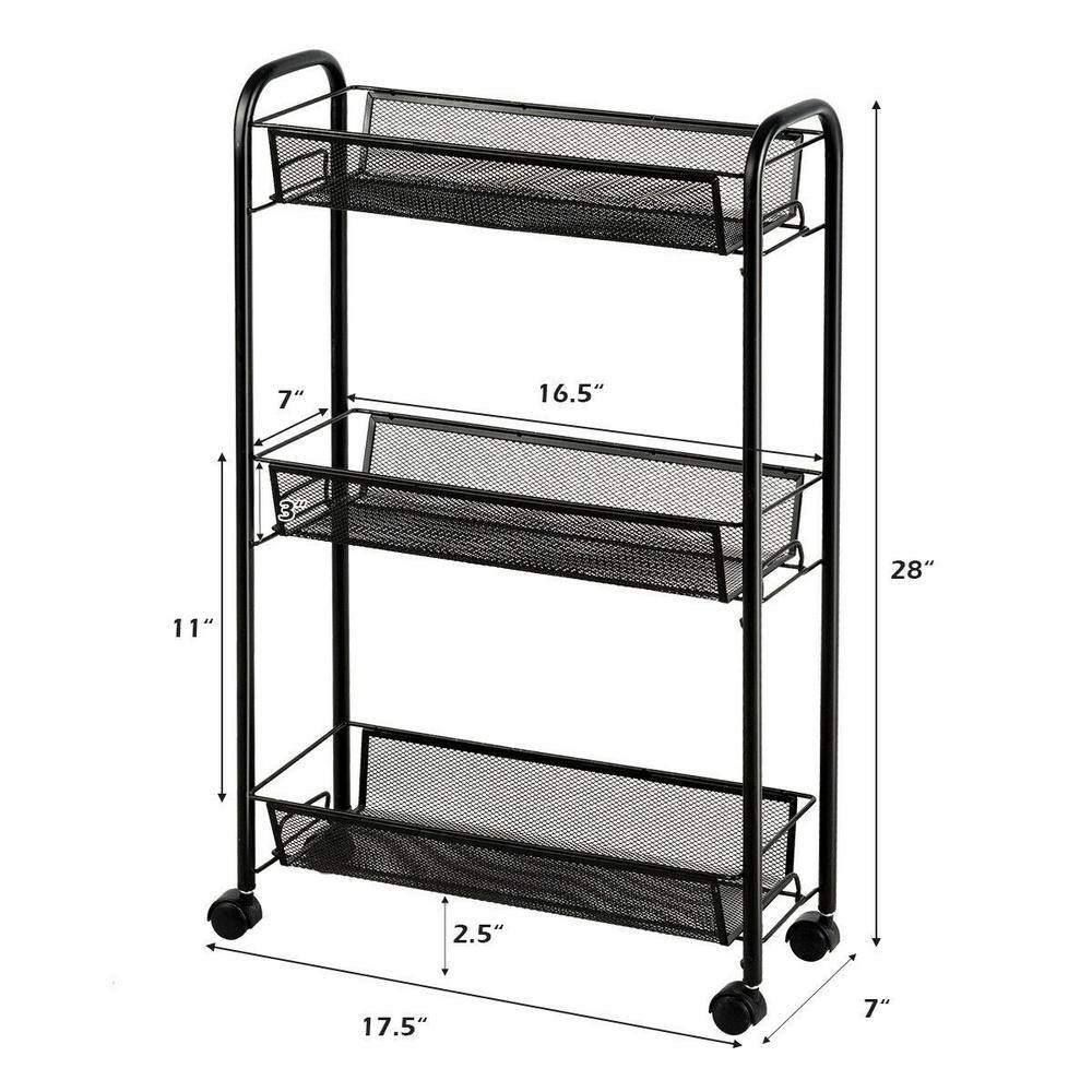 Boyel Living 3-Tier Mesh Rolling Cart Mobile Organizer Stand Utility Cart Trolley in Black HYSN-63143BK