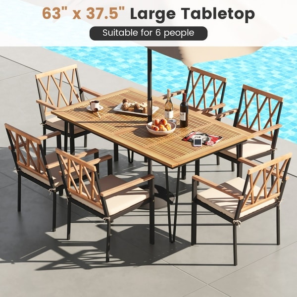 Rectangular Patio Dining Table for 8 with Acacia Wood Tabletop and Umbrella Hole