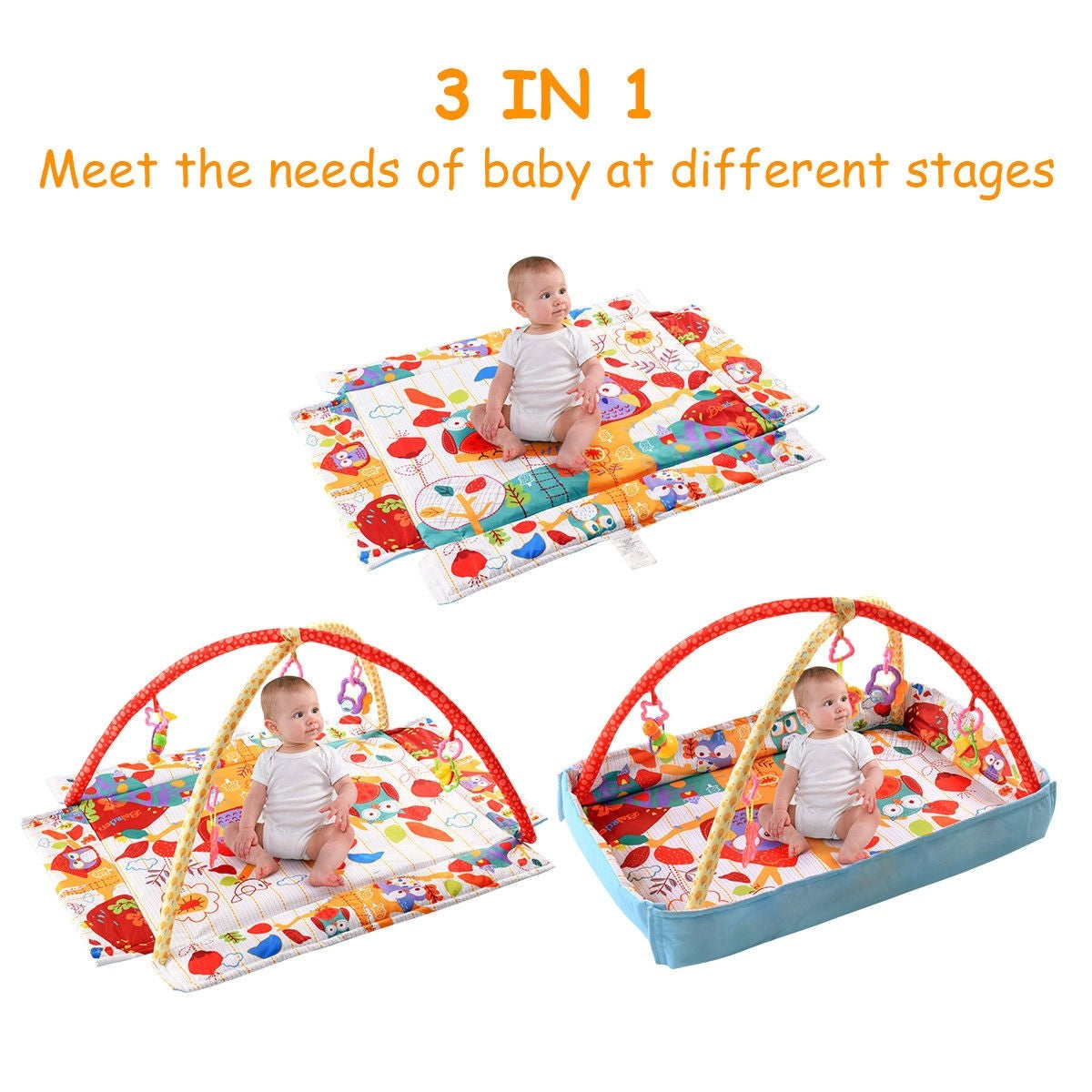 Baby Play Gym Mat, 3 in 1 Activity Mat with Removable Toys Bars & Walls