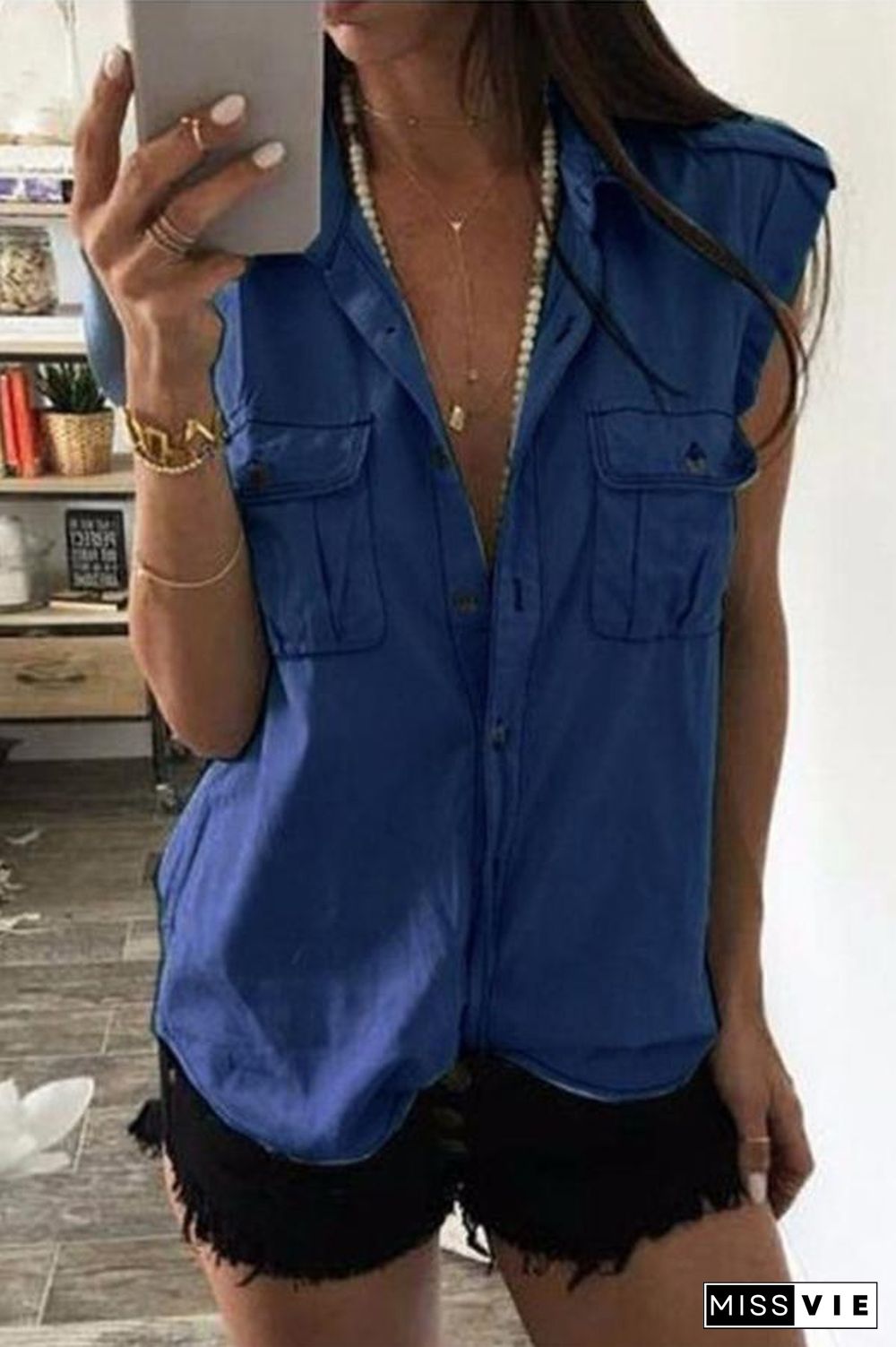 Plus Size Turndown Collar Sleeveless Denim Pocket Shirt