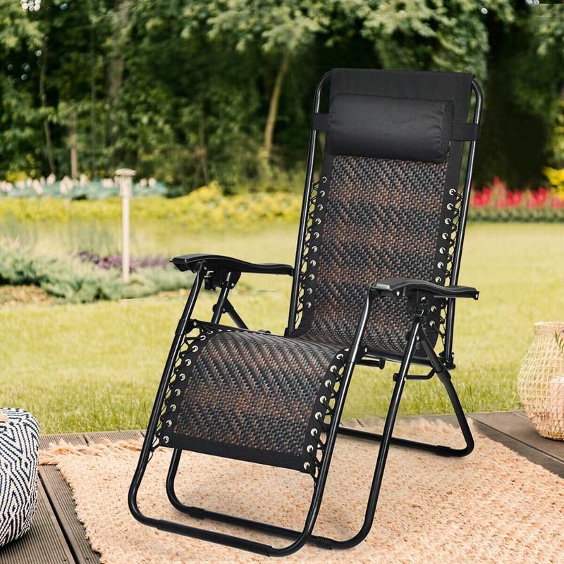 Rattan Folding Zero Gravity Lounge Chair Outdoor with Removable Pillow, Locking System, Adjustable Portable Patio Armchair