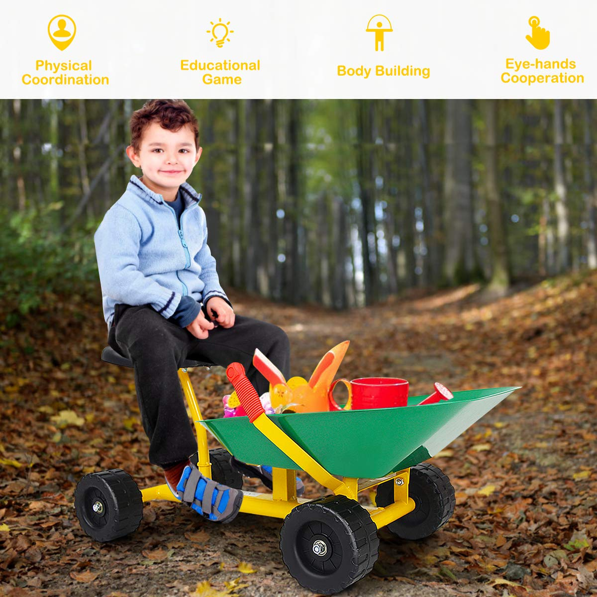 Kids Ride-on Sand Dumper, Children Outdoor Sandbox Toy w/ Ergonomic Handle & 4 Wheels