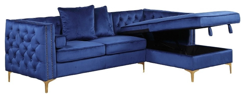 Navy Blue Velvet Upholstered Sectional with Storage and Gold Stainless Steel   Midcentury   Sectional Sofas   by Homesquare  Houzz