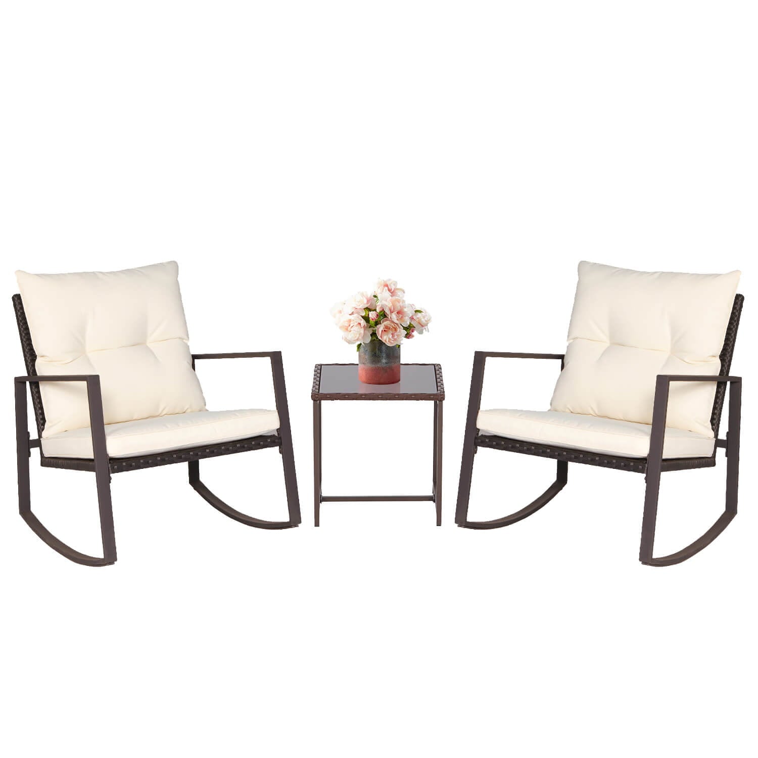 SOLAURA 3-Piece Outdoor Furniture Rocking Chairs Set, Brown Wicker Patio Rocking Chair with Beige Soft Cushions & Glass Coffee Table for Patio, Garden, Backyards and Pools