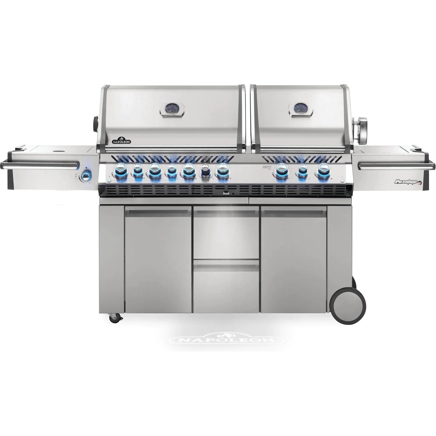 Napoleon Prestige PRO 825 Propane Gas Grill with Infrared Rear Burner， Double Infrared Sear Burner and Side Burner and Rotisserie Kit