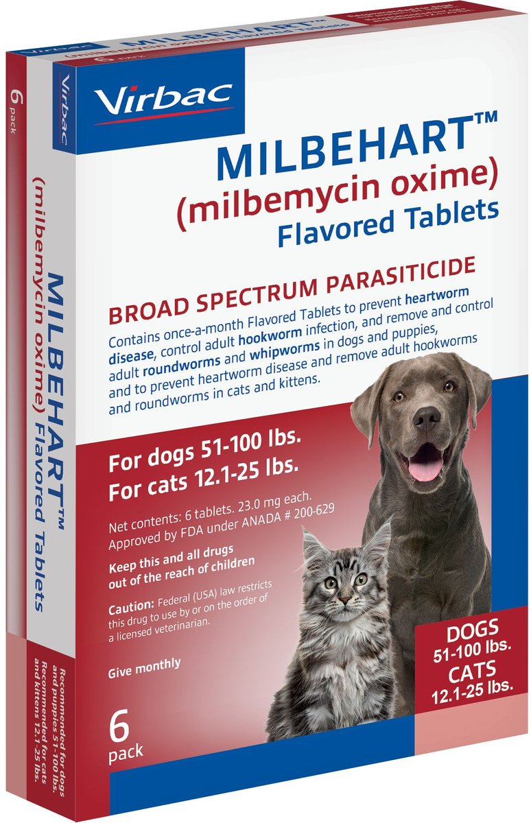 Milbehart Flavored Tablets for Dogs， 51-100 lbs， and Cats， 12-25 lbs， (Red Box)