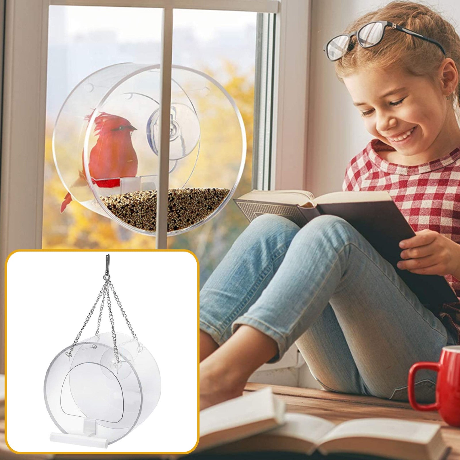 Baofu Round Hanging Window Bird Feeders with Lanyard and 1 Extra Suction Cups for Outdoor Garden Hummingbird