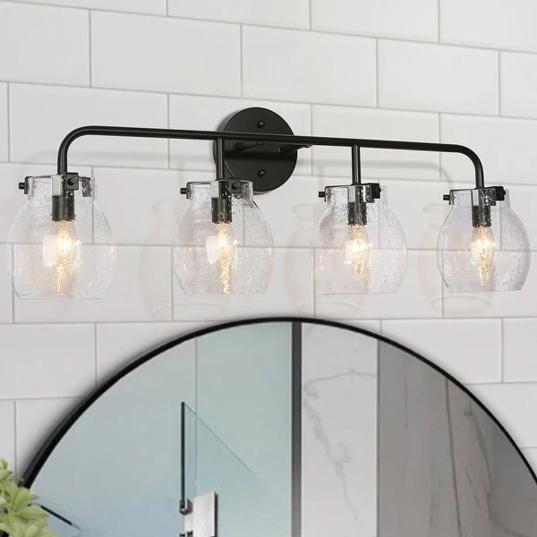 Olia Mid-Century Modern Black Linear Dimmable Bathroom Vanity Light Seeded Glass Wall Sconces