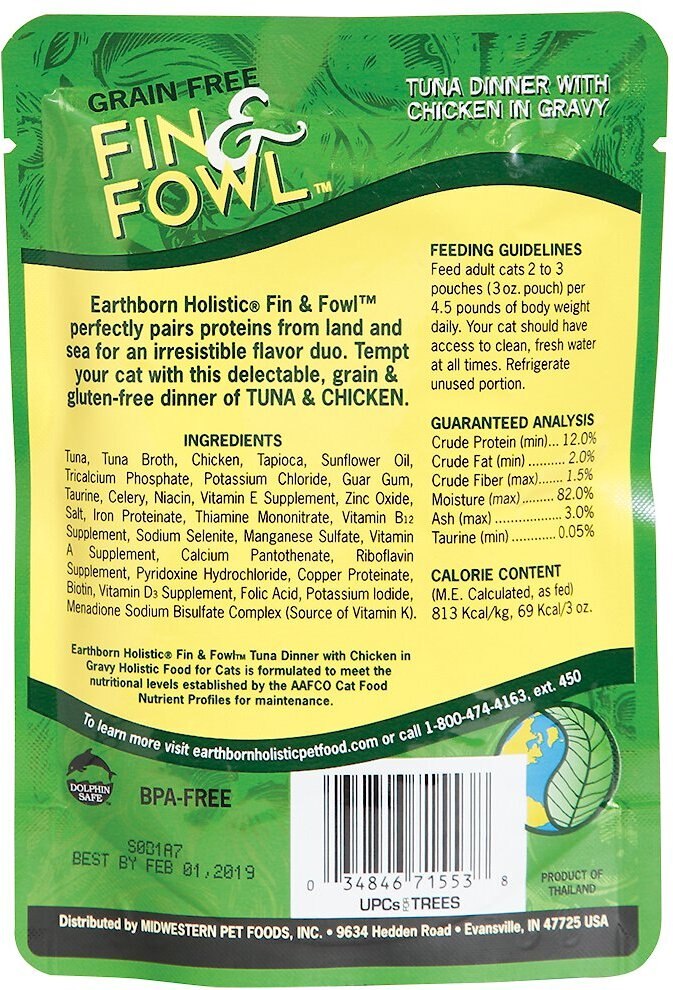 Earthborn Holistic Fin and Fowl Tuna Dinner with Chicken in Gravy Grain-Free Cat Food Pouches