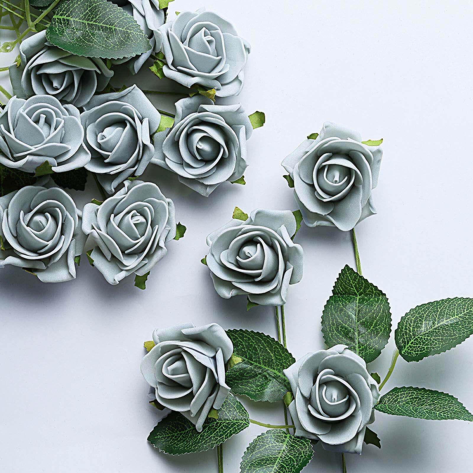 24 Roses Silver Artificial Foam Flowers With Stem Wire and Leaves 2