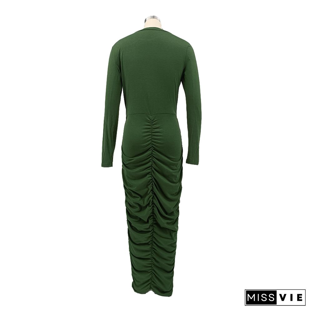 Long Sleeve Round Neck Pleated Bodycon Dress