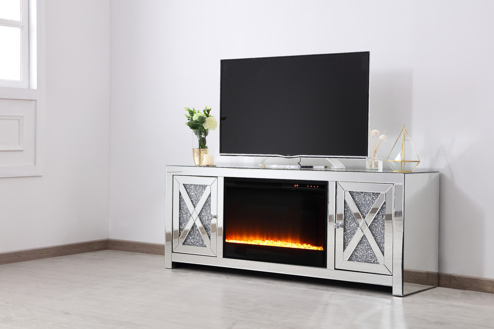 Crystal Mirrored TV Stand With Fireplace Insert   Contemporary   Entertainment Centers And Tv Stands   by Elegant Furniture  ampLighting  Houzz