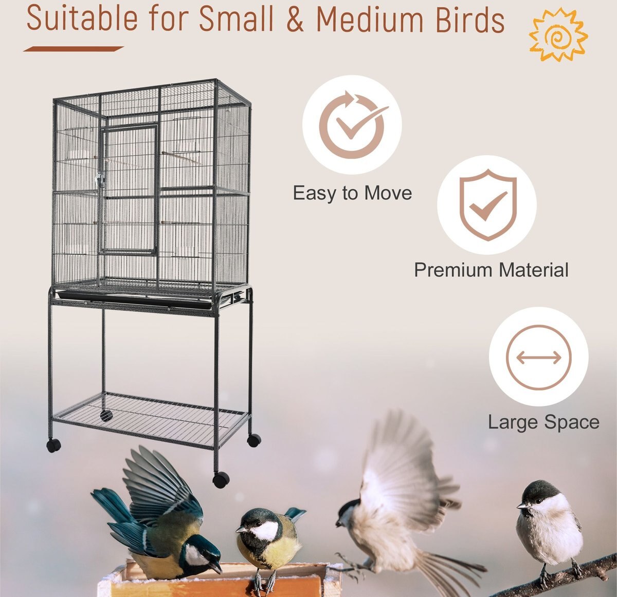 PawHut 30-in Rolling Metal Bird Cage， Black and Gray