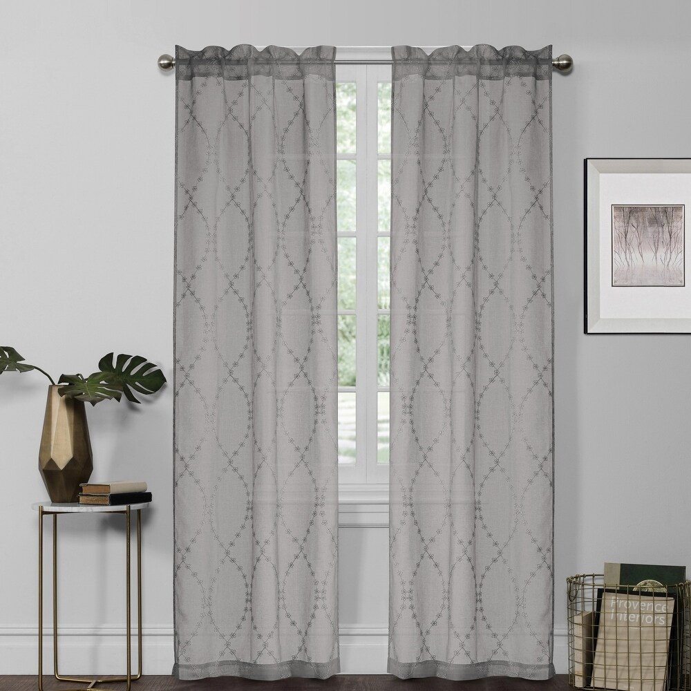 VCNY Home Layla 2 Piece Grey Embroidered Rod Pocket Sheer Curtain Panel Set   56\