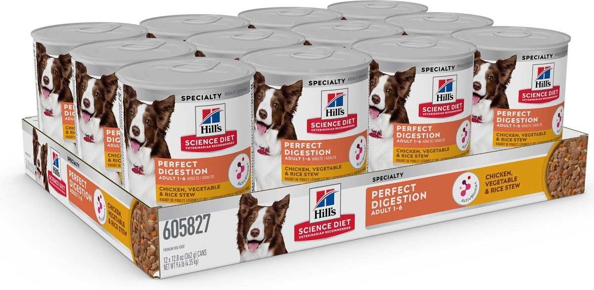 Hill's Science Diet Adult Perfect Digestion Chicken， Vegetable and Rice Stew Canned Dog Food， 12.8-oz， case of 12