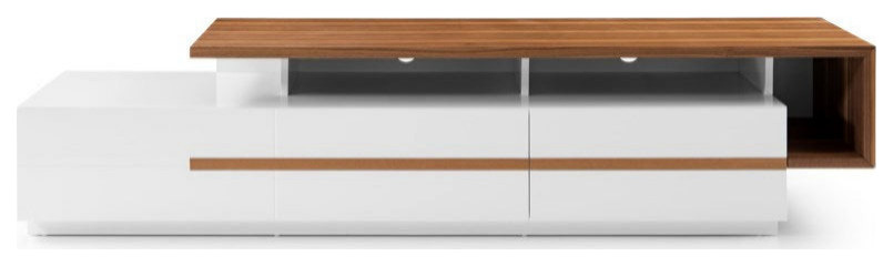 Amelio TV Stand  White High Gloss Lacquer Body and Walnut Accent   Transitional   Entertainment Centers And Tv Stands   by Rustic Home Furniture Deco  Houzz