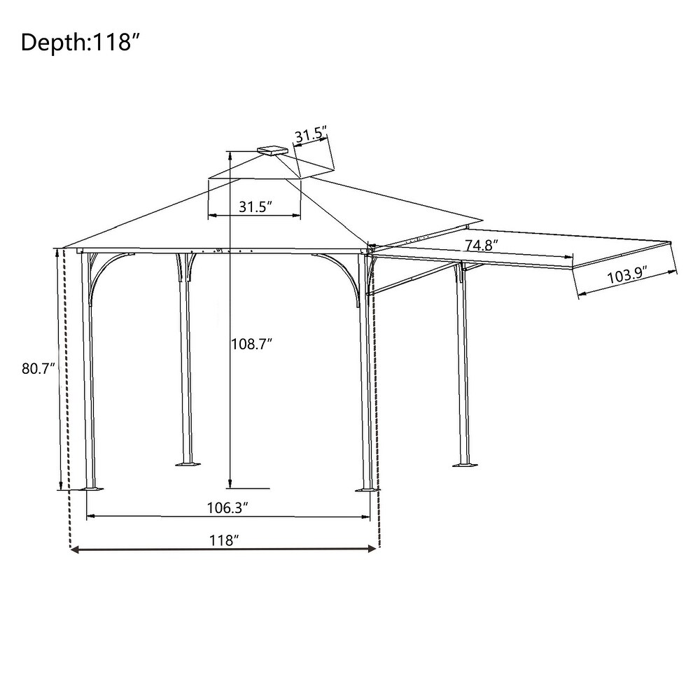 9.8ft.L x 9.8ft.W Gazebo with Extended Side Shed/Awning and LED Light