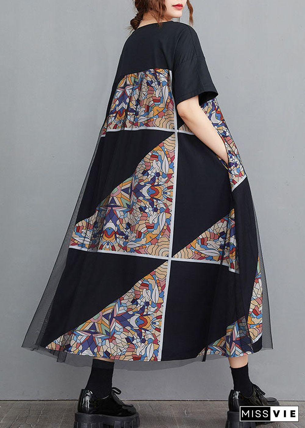 Modern Black O-Neck Tulle Patchwork Geometric Print Cotton A Line Dresses Short Sleeve