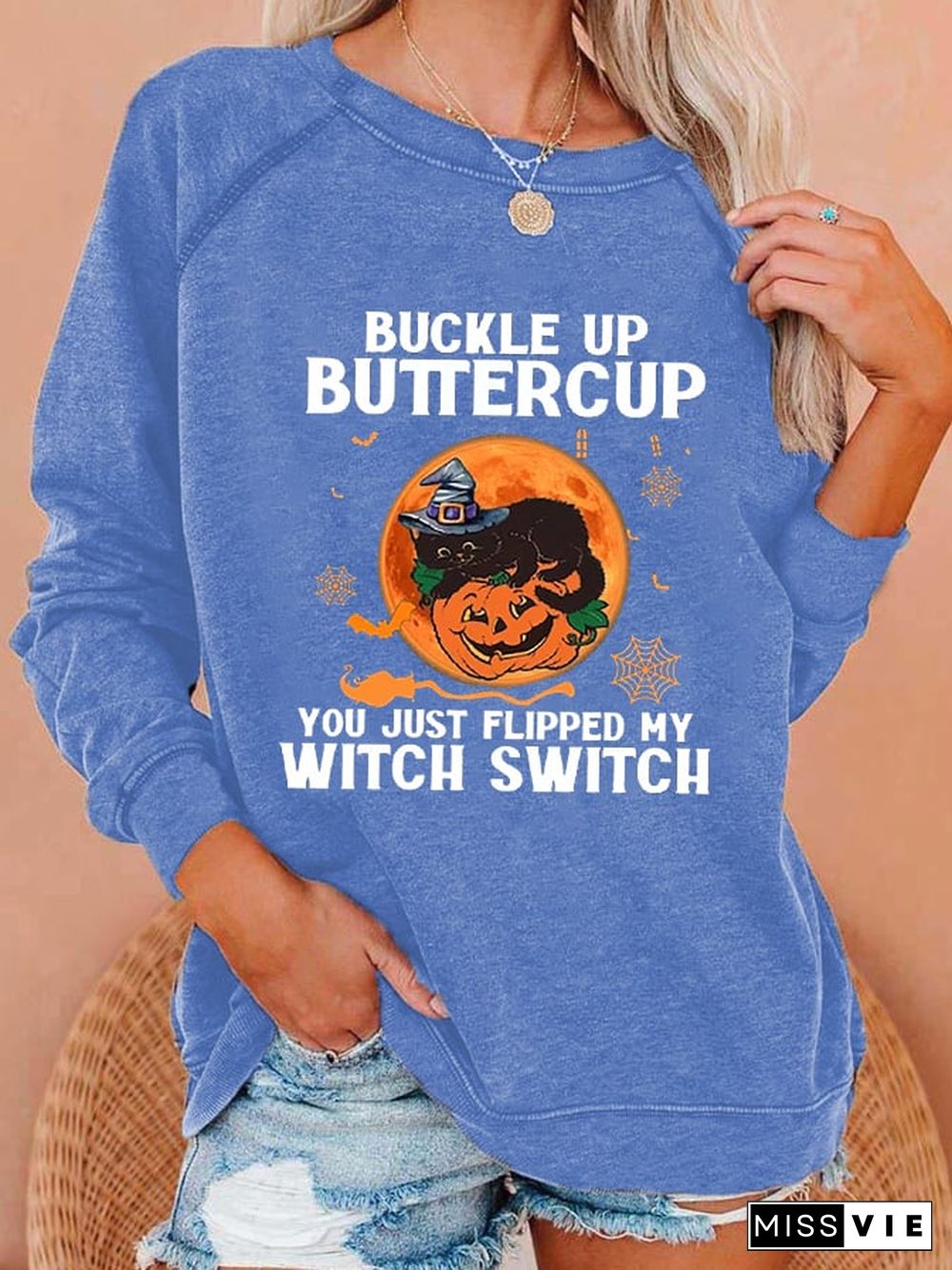 Women's Funny Halloween Buckle Up Buttercup You Just Flipped My Witch Sweatshirt