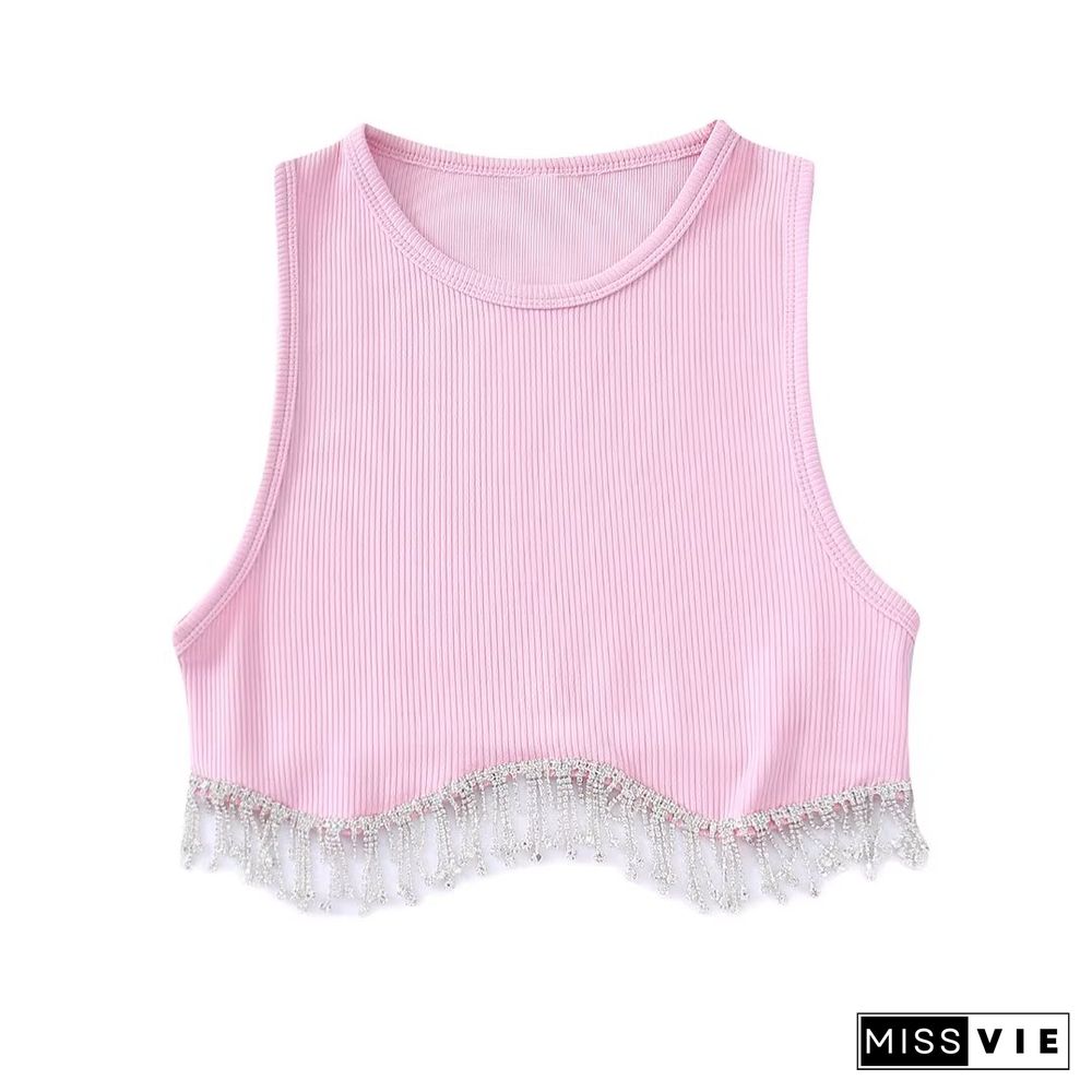 Women High Street Sexy Hem Tassel Diamond Beading Knitting T-Shirt Chic Short Camis Tank Lady Slim Crop Vest Tops Ls1311