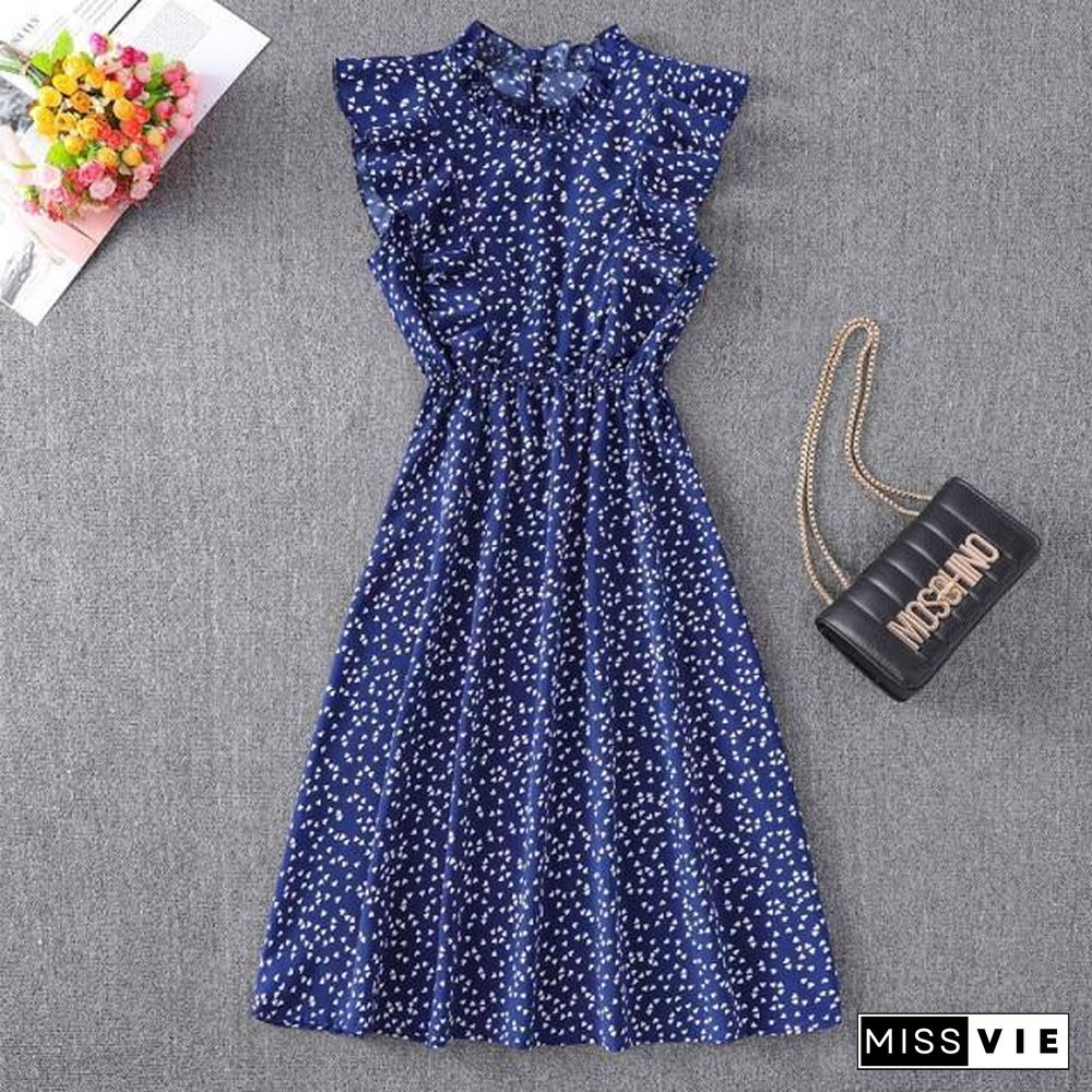 Chiffon Dress Women Elegant Summer Floral Print Ruffle A-line Sundress Casual Fitted Clothes To Knees Red Dresses For Women