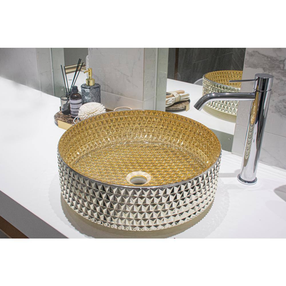 Flynama Gold Crystal Glass Round Bathroom Vessel Sink Crystalline Die Cast Basin RBCS204