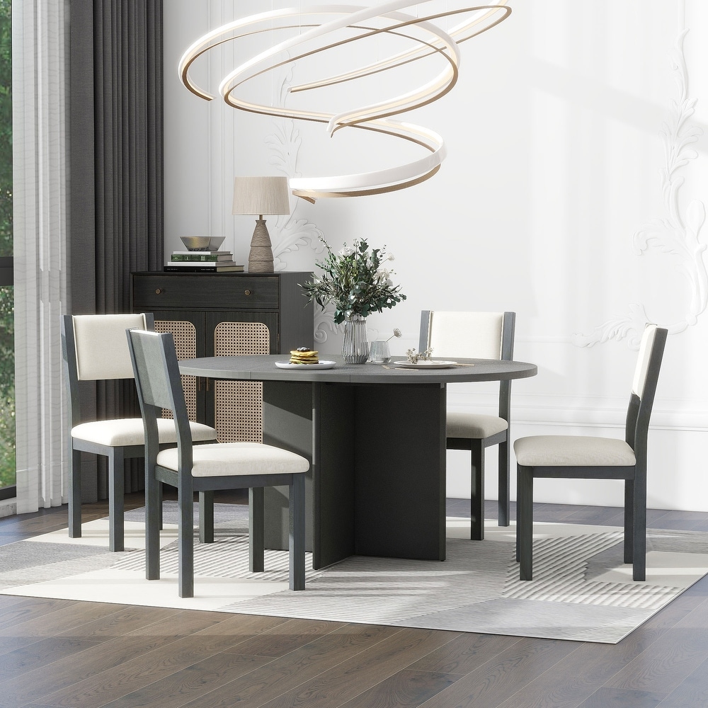 Retro 5 Piece Functional Dining Set with Oval Extendable Dining Table and Upholstered Dining Chairs for Dining Room  Gray