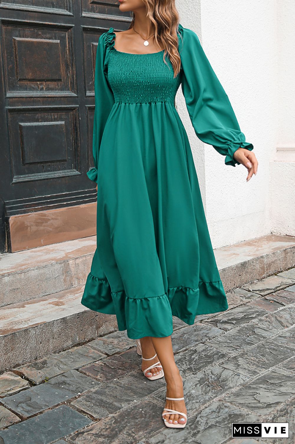 Smocked Square Neck Ruffles Maxi Dress