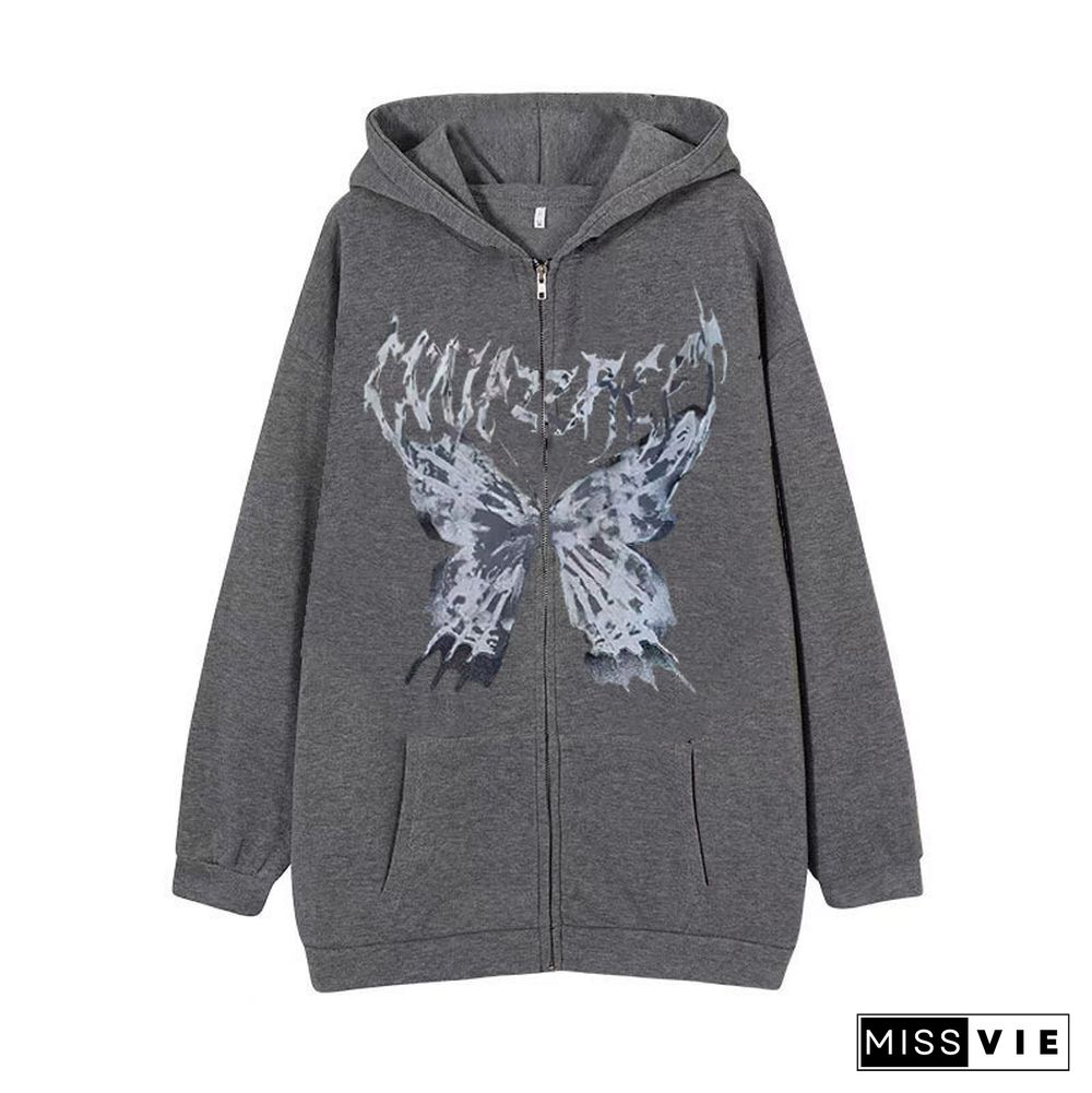 Darkness Butterfly Print Pocket Hooded Sweatshirt