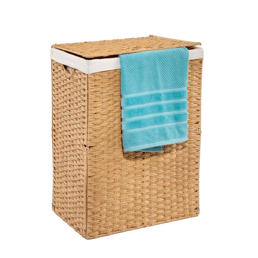 Seville Classics Lidded Rectangular Tan Collapsible Plastic Wicker Laundry Hamper Basket with Washable Liner WEB655