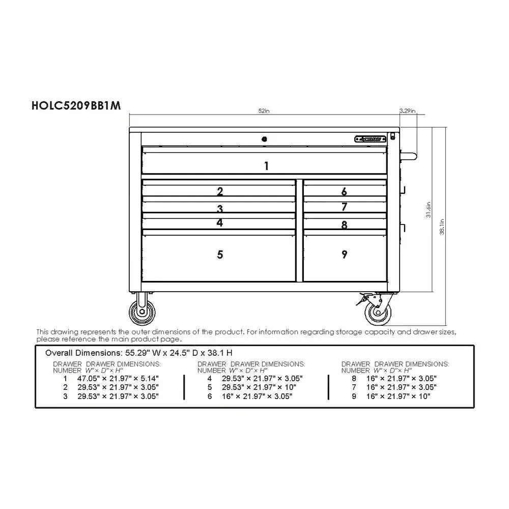 Heavy-Duty 52 in. 9-Drawer Mobile Workbench with Adjustable-Height Solid Wood Top in Matte Blue