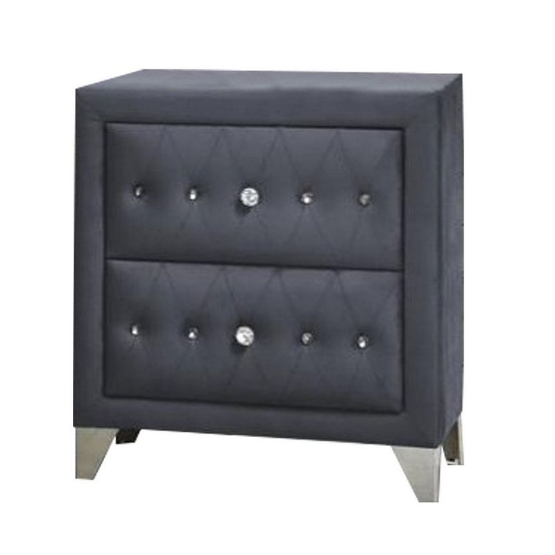 2 Drawer Fabric Frame Nightstand with Faux Crystals Accent， Gray