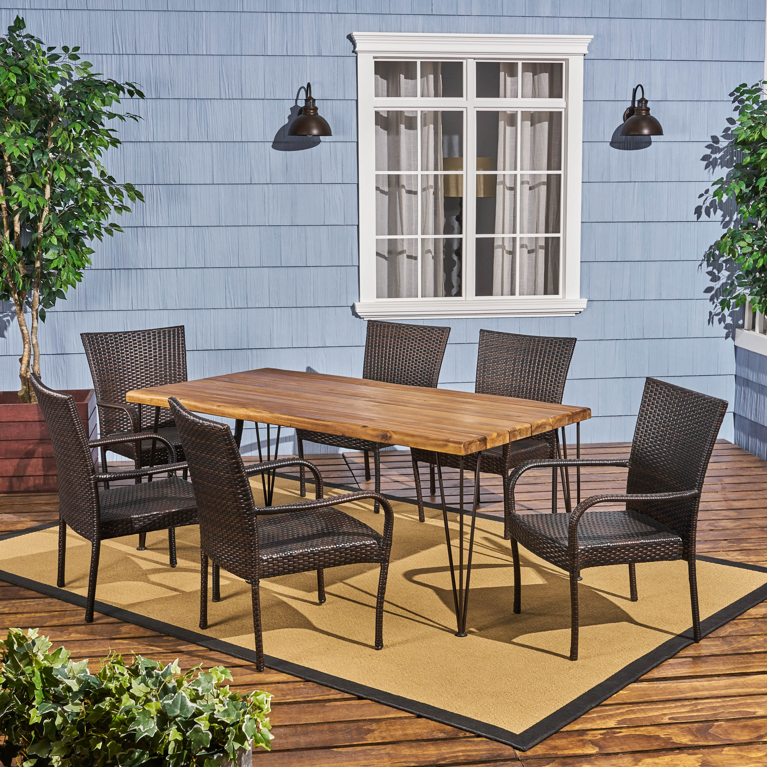 Rhys Outdoor Rustic Wood & Wicker Dining Set