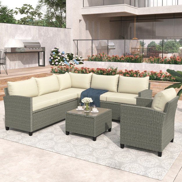 5 piece Outdoor Conversation Set With Coffee Table Cushions And Single Chair modernluxe