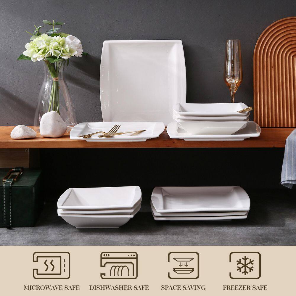 MALACASA 12-Piece White Porcelain Dinnerware Set Square Dinner Plates Soup Plates(Service for 6) BLANCE-12