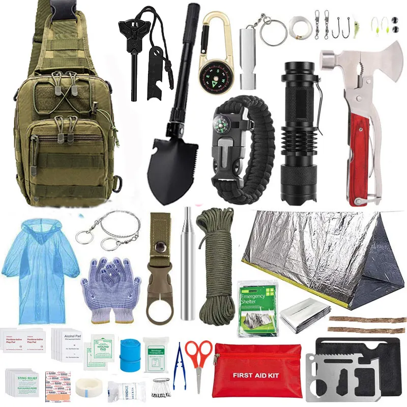 Outdoor Set Travel Camping Hiking Fishing Backpack Emergency Knife Hunting Suit Shovel Straw Ration Survival Kit